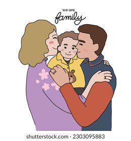 We are family, Mother and father kissing son line art cartoon vector illustration minimal style