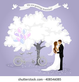 We are getting married invitation card. Wedding Invitation template. Announcement Background with Bride and Groom, White Tree, Tandem Bike, Balloons and White Pigeons. Save the Date Card.