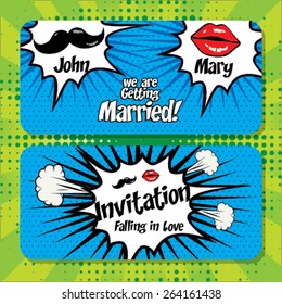 "We are getting Married". Pop Art Wedding Cartoon card template. vector illustration Celebrating Love wedding invitation