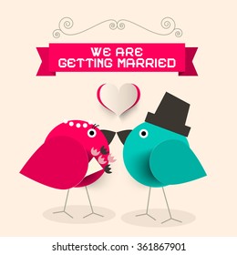 We Are Getting Married Retro Greeting Card with Kissing Paper Birds