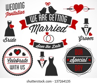 We Are Getting Married Vector Badges And Labels In Retro Style