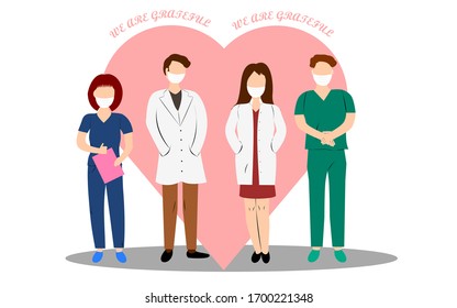 We are grateful to all healthcare heroes. Thank you doctors, nurses-grateful message to medical staff fighting coronavirus covid-19. Vector illustration on white background for postcard or poster.