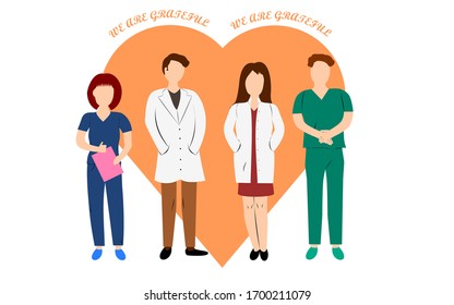 We are grateful to truly heroes.Thank you doctors, nurses, all healthcare heroes - grateful message to medical staff fighting coronavirus covid19. Vector flat illustration for a postcard or poster.