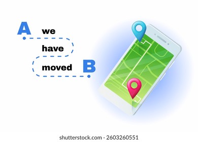 We have moved banner, featuring bold letters A and B connected by a dashed path, symbolizing transition. Ideal for relocation announcements, business updates, and navigation concepts. Isolated on a