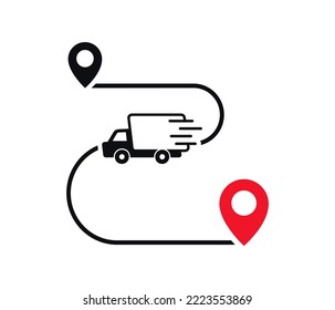 Nos hemos movido - pancarta. Reubicación en la dirección cambiada. Camión con puntero de mapa. Nueva ubicación en la tienda. Trasladando la oficina. Ilustración vectorial.