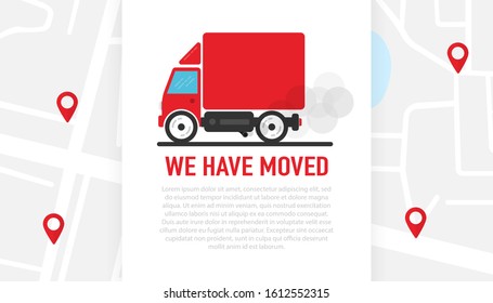 Wir haben das Auto auf weißem Hintergrund auf der Karte mit roten Markern verschoben. Lieferung des Produkts an den Kunden. Vektorillustration.