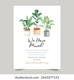 We have moved card template, moving announcements with watercolor indoor plants decoration