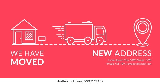 We have moved concept with house, truck and map pin line icons, vector eps10 illustration