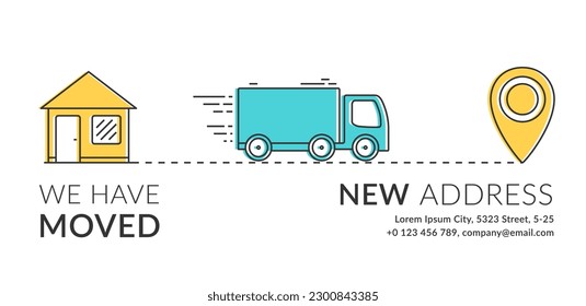 We have moved concept with house, truck and map pin line icons, vector eps10 illustration