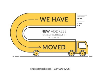We have moved concept with long truck on white background, vector eps10 illustration