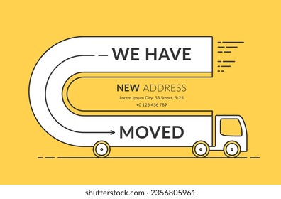 We have moved concept with long truck on yellow background, vector eps10 illustration