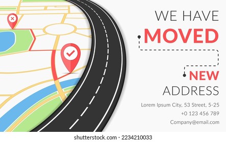 We have moved concept with map, road map pins, vector eps10 illustration