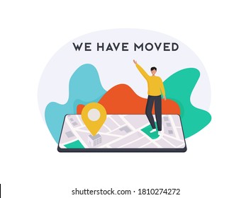 We have moved concept. Person announces change of address on smartphone map.  Can be used for, landing page, template, ui, web, mobile app, poster, banner, flyer.