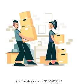 We Have Moved concept vector Illustration idea for landing page template, Family moving, home arrangement, direction for together in home relocation process,  Hand drawn Flat Style