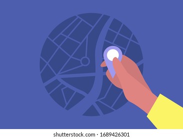 Wir sind umgezogen, Lieferservice, Navigationskartenanwendung, Umsiedlung, Hand, die einen Geo-Pin hält