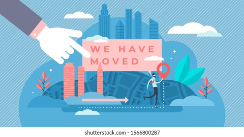 We have moved flat tiny person concept vector illustration. New office address change and directions to new relocated place. Stylized finger pointing on urban city map and person holding pin sign.