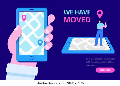 	
We have moved flat vector illustration. Online map. Hand with phone.
