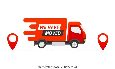 We have moved icon. Relocation. Changed address. GPS guide. Geotag. Delivery by fast truck on time. Flat design. Vector illustration