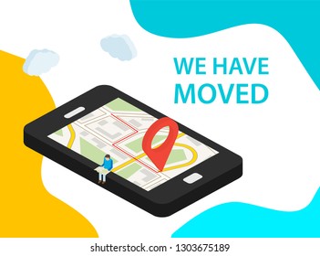 We have moved isometric vector illustration concept with map and pin, people announce change address can use for landing page, layout template, ui, web, mobile app, poster, banner, flyer 