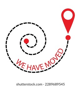 We have moved label sign icon for relocation. Vector illustration. Business relocation and office, corporate move, change of address and mail forwarding, company logistics, corparate move