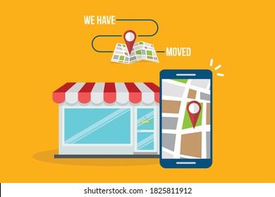 We have moved. Local SEO. Local search marketing ecommerce. Vector Illustration.