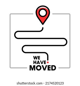 We Have Moved Minimal Icon With Pin. Relocation Simple Illustration. Flat Stroke Trendy Locator Logotype Graphic Art Simple Design Illustration Element Isolated On White Background. Moved Store Vector