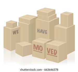 WE HAVE MOVED - moving boxes, packing case - isolated vector illustration on white background.