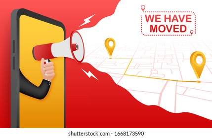 We have moved. Moving office sign. Clipart image isolated on red background. Vector stock illustration.