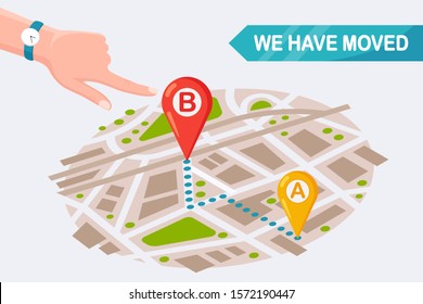 We have moved. New address on map with pin. Announce a change in office location. Vector cartoon design