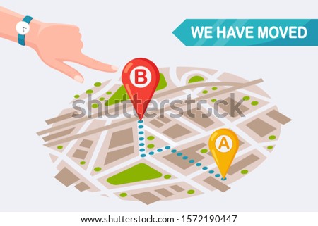 We have moved. New address on map with pin. Announce a change in office location. Vector cartoon design