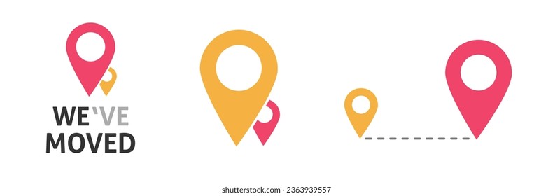 We have moved new office address location icon vector graphic illustration, guide map pin pointer or store shop design, moved place route position navigation marker image clipart set