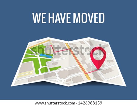 We have moved new office icon location. Address move change location announcement business home map.