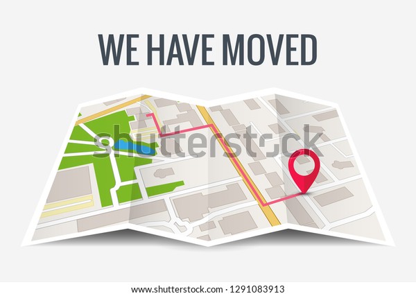We have moved new office\
icon location. Address move change location announcement business\
home map.