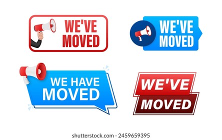 We have moved text with Megaphone label set. Megaphone in hand promotion banner. Marketing and advertising