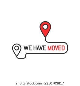 We have moved thin line sign or icon. Move announcement, local shop address change vector minimal symbol, business relocate message or outline icon with red and black map navigation pinpoint sign