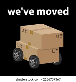 we have moved, two cardboard boxes on wheels, vector illustration