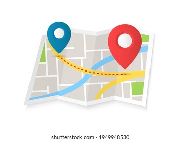 We have moved. Two color location pointers on the map in flat style. Navigation symbol for website design, mobile app. Route has been laid from point A to point B. GPS navigation systems. Vector