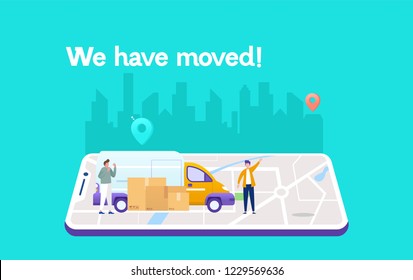 we have moved vector illustration concept, businessman carrying box cardboard from office to car , can use for, landing page, template, ui, web, mobile app, poster, banner, flyer