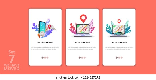 We have moved vector illustration concept. We have moved new office icon location.  Change location announcement business home map. Use for, landing page, template, ui, web, mobile app, poster, banner