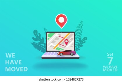 We have moved vector illustration concept. We have moved new office icon location.  Change location announcement business home map. Use for, landing page, template, ui, web, mobile app, poster, banner