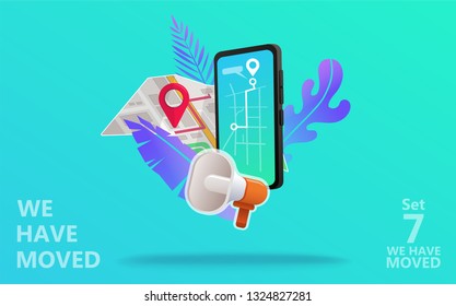 We have moved vector illustration concept. We have moved new office icon location.  Change location announcement business home map. Use for, landing page, template, ui, web, mobile app, poster, banner