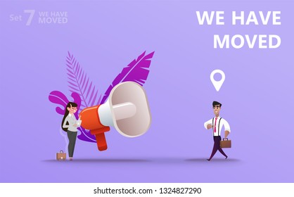 We have moved vector illustration concept. We have moved new office icon location.  Change location announcement business home map. Use for, landing page, template, ui, web, mobile app, poster, banner