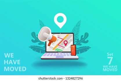 We have moved vector illustration concept. We have moved new office icon location.  Change location announcement business home map. Use for, landing page, template, ui, web, mobile app, poster, banner