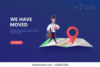 We have moved vector illustration concept. We have moved new office icon location.  Change location announcement business home map. Use for, landing page, template, ui, web, mobile app, poster, banner