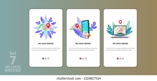 We have moved vector illustration concept. We have moved new office icon location.  Change location announcement business home map. Use for, landing page, template, ui, web, mobile app, poster, banner