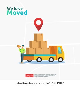 we have moved vector illustration concept. new location announcement business store, home or change office address for landing page template, mobile app, poster, banner, flyer, ui, web, and background