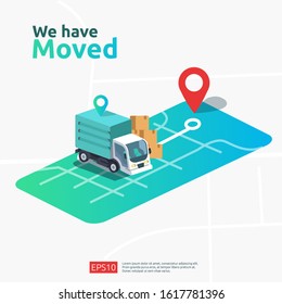 we have moved vector illustration concept. new location announcement business store, home or change office address for landing page template, mobile app, poster, banner, flyer, ui, web, and background