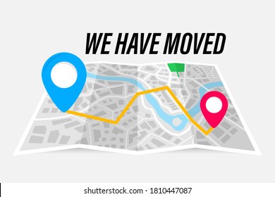 We have moved vector illustration concept. Folded paper map with indication of the moving address. Route on the map. We`re moved new office, changed address navigation location.