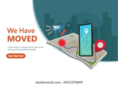 We have moved vector illustration concept. We have moved new office icon location. Change location announcement business home map