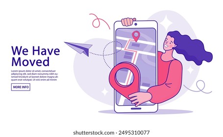 Nos hemos mudado. Cambio de Dirección de la mujer en el teléfono inteligente. nuevo concepto de ubicación. Mapa en la mano de la joven mujer de negocios dentro de la pantalla del smartphone. Ilustración de contorno de Vector.